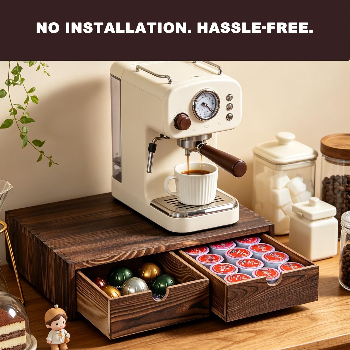 Wooden Coffee Pod Organizer with 2 Drawers, Countertop K-Cup Holder Drawer for 30 Pods, 2-in-1 Coffee Maker Stand + Storage Drawers, Coffee Pod Storage Perfect for Coffee Bar, Office & Home Kitchen