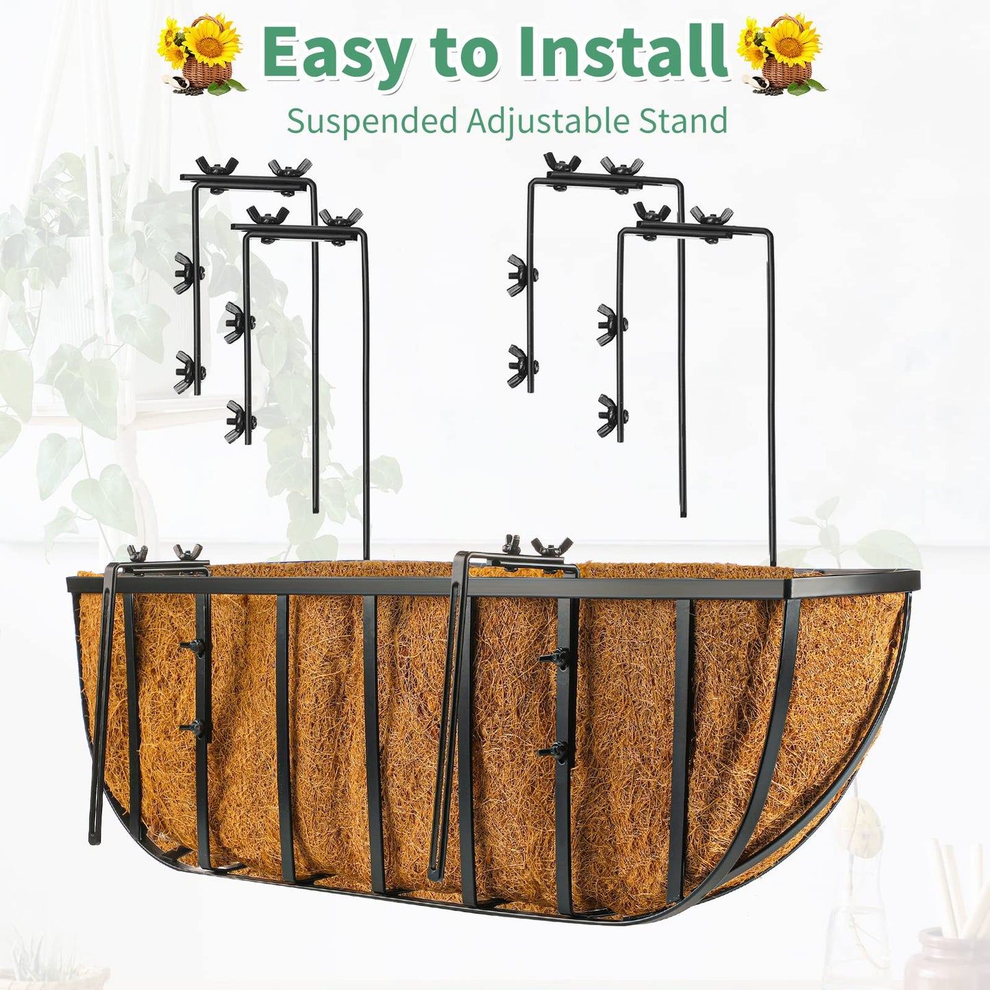 Tessco for you 3 Pieces Railing Planter Boxes, 24 Inches Window Box Planters with Coco Liner and Adjustable Brackets for Deck Porch Fence Patio Balcony Gardening Outdoor Plants