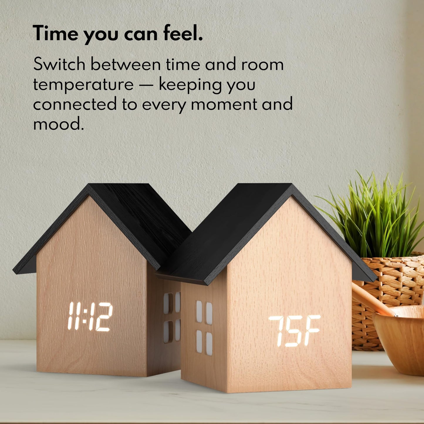 Driini Digital House-Shaped Alarm Clock with Temperature Display (Light Wood) – Modern Aesthetic - Cute Cube Frame and White LED Dimmer - Perfect Small Desk Clock for Bedside Table or Bedroom Mantle