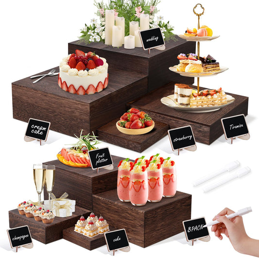 Zplontya 8 Size Nested Buffet Risers with Mini Signs, 8PCS Rustic Wooden Cake & Dessert Display Set, Vintage Wood Crates for Party, Wedding, Baby Shower Table Decor