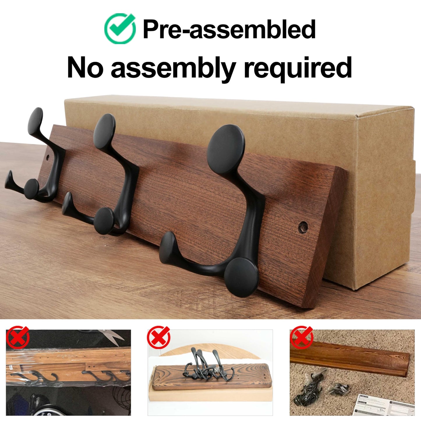 WEBI Coat Rack Wall Mount,17" Solid Wood Coat Hooks Wall Mounted Coat Hanger,16" Hole to Hole,Heavy Duty 3 Triple Hooks for Hanging Coats,Jacket,Hat,Backpack,Farmhouse,Reddish Brown