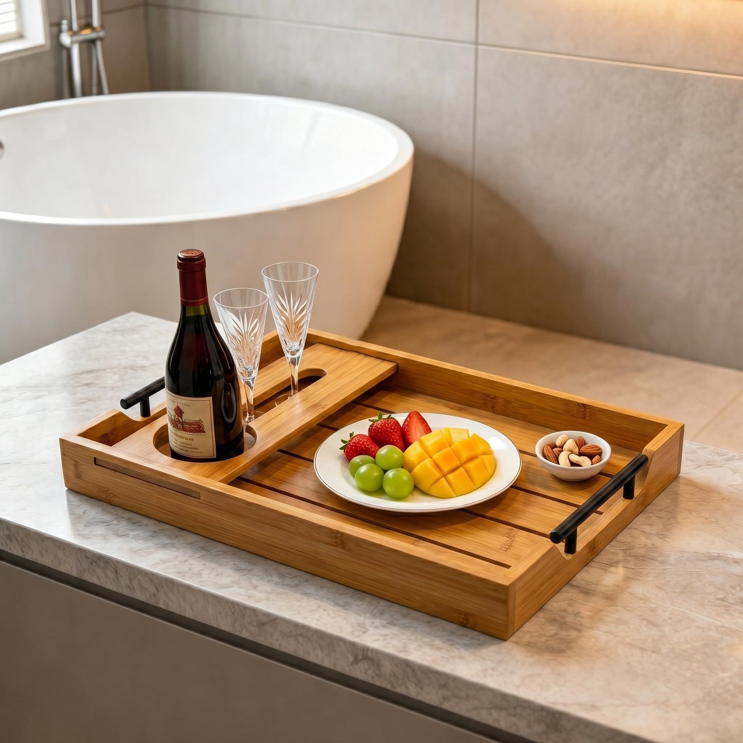 Bamboo Serving Tray with Wine Glass Holder, Couch Snack Tray with Handles for Wine, Cheese and Fruit, Movie Night Tray for Sofa, Coffee Table, Wedding and Housewarming Gift
