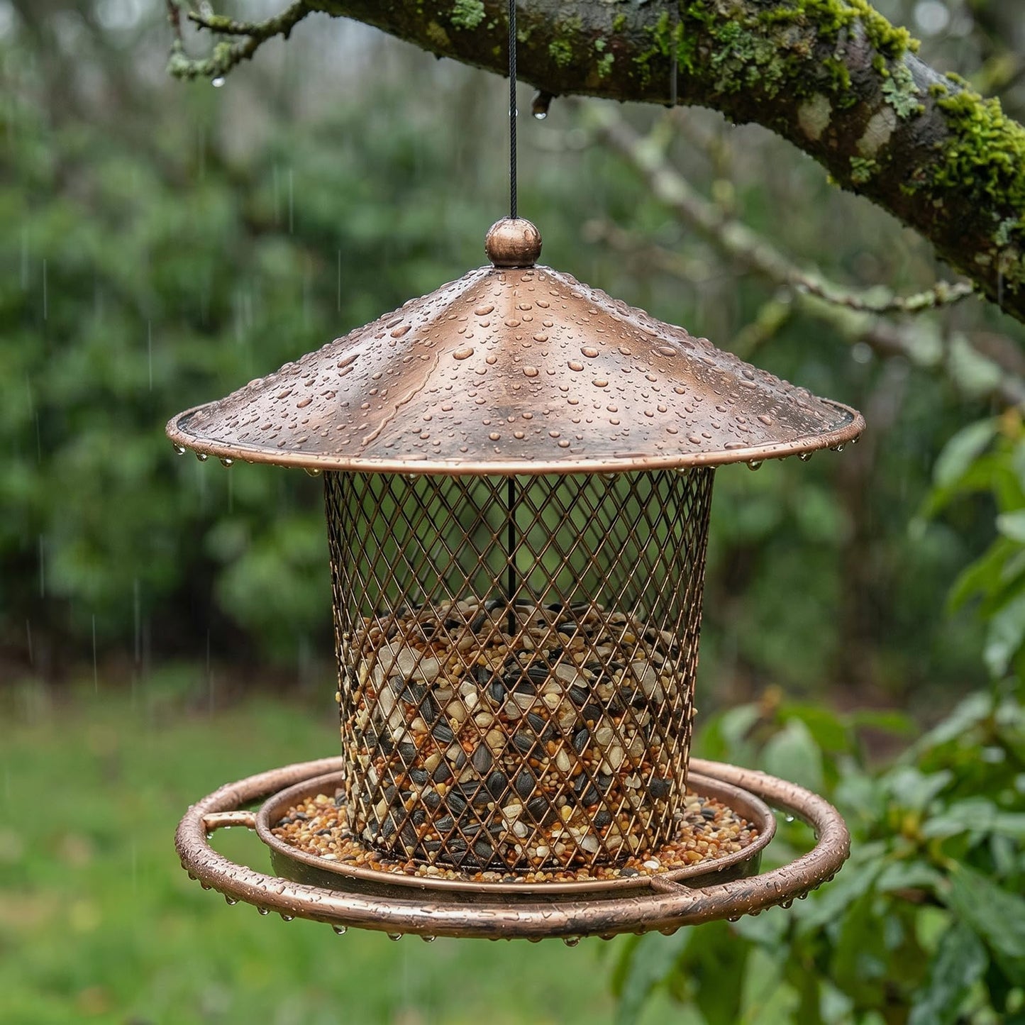 Bird Feeder, Weatherproof Wild Bird Feeders for Outdoors, Birds Feeding Station Metal Round Roof Birdfeeder for Garden Yard Outside Hanging Decor