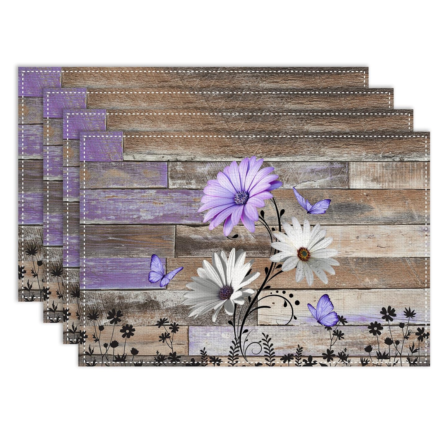 Daisy Placemats Set of 4, 12x18 Inch Farmhouse Daisy Floral Purple Butterfly Retro Wooden Plank Seasonal Spring Summer Holiday Farmhouse Coffee Table Mats for Party Kitchen Dining Decoration