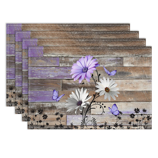 Daisy Placemats Set of 4, 12x18 Inch Farmhouse Daisy Floral Purple Butterfly Retro Wooden Plank Seasonal Spring Summer Holiday Farmhouse Coffee Table Mats for Party Kitchen Dining Decoration