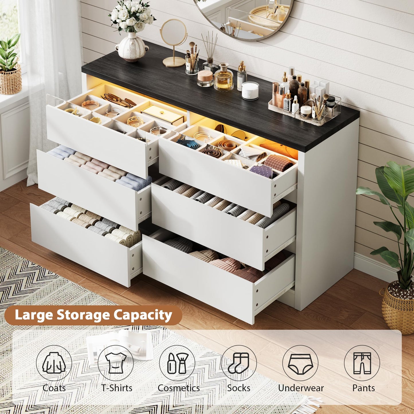 Jocoevol White 6 Drawer Dresser for Bedroom with LED Light, Modern Large Chest of Drawers, Wood Storage Double Dresser with Deep Drawers for Living Room, Entryway, Hallway, White