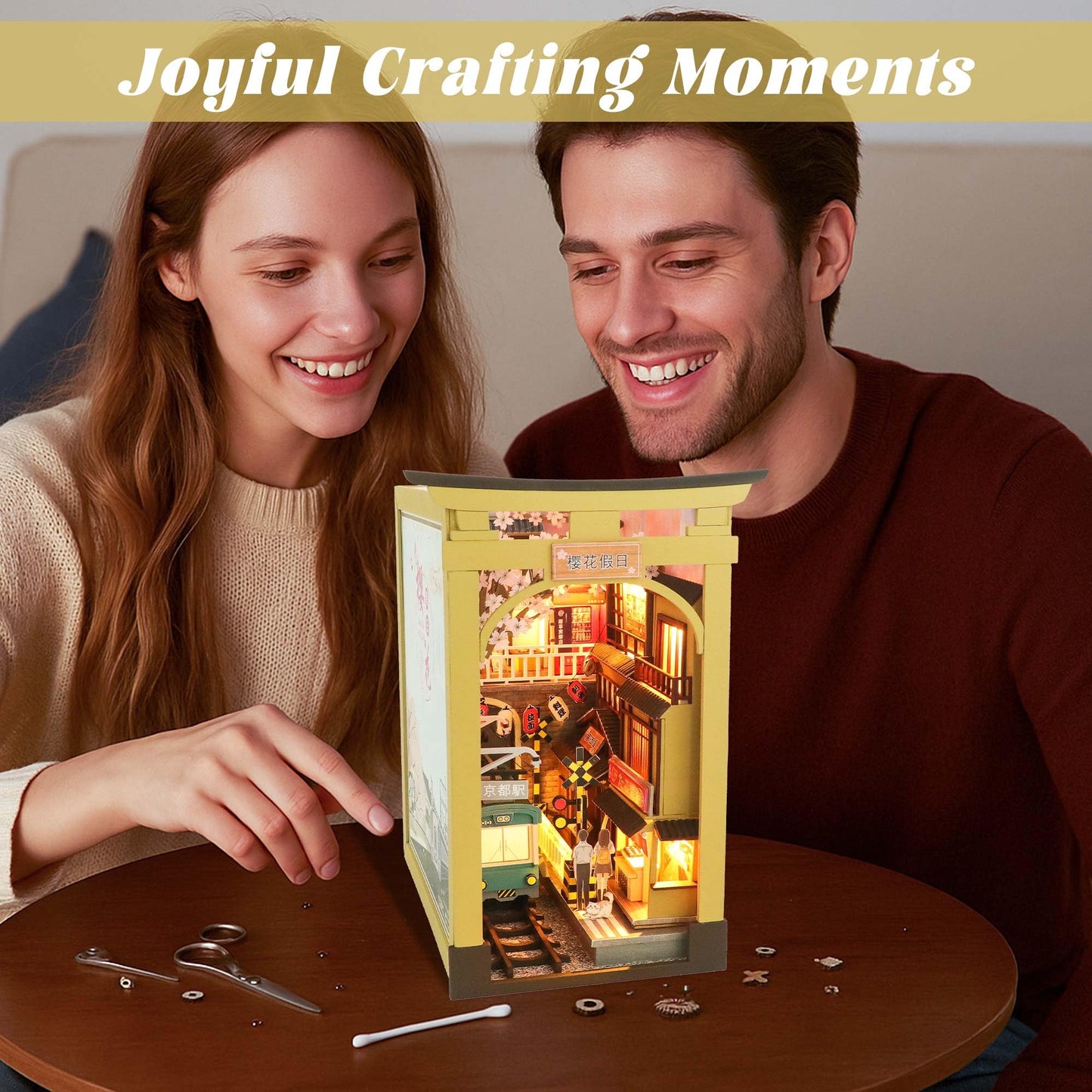 Flever Dollhouse DIY Book Nook Miniature Kit, DIY Booknook Bookshelf Insert Decor, 3D Wooden Puzzle Booknook Miniature Kit for Creative Assembled Bookends (Sakura Holiday)
