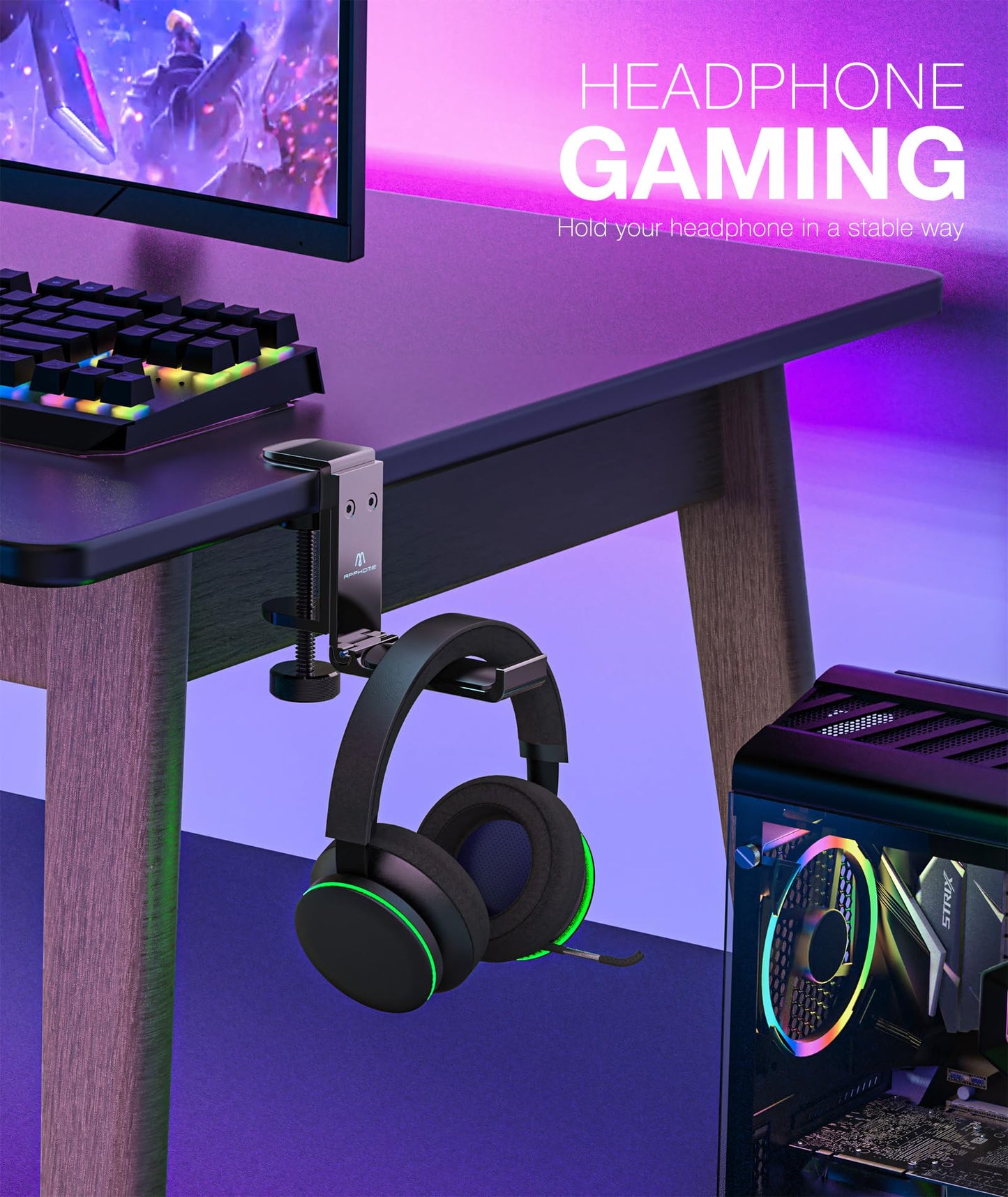 APPHOME New Foldable Headphone Stand Hanger Holder Aluminum Headset Soundbar Stand Clamp Hook Under Desk Space Save Mount, Universal Fit Gaming Headphones, Black