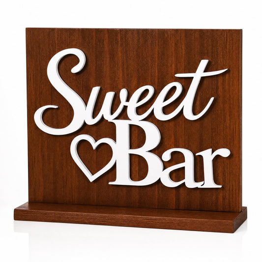Novabright Sweet Bar Wooden Sign with Rustic Wood Backboard & Stable Base, Freestanding Sweet Candy Bar Dessert Table Decor, Centerpiece with Stand for Wedding, Birthday, Bridal Shower & Party