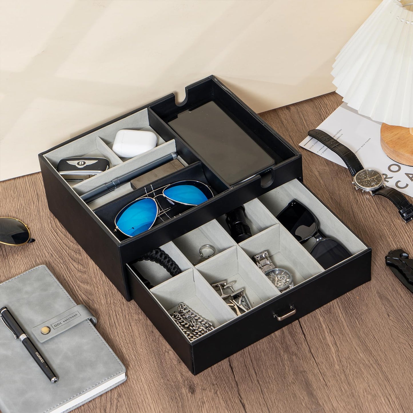 ProCase 2 Layers Valet Tray Gift for Men Bundle with 3-Tier Wooden Cologne Organizer for Men