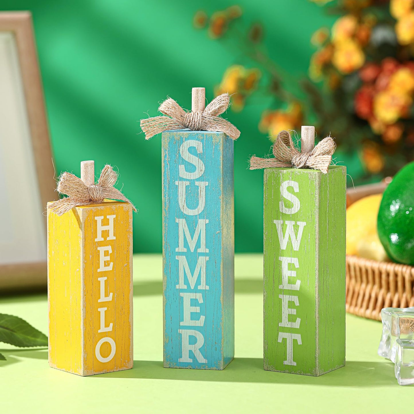 Seeloowy 3 Pcs Hello Sweet Summer Table Block Signs Rustic Farmhouse Wood Lemon Centerpiece Blue Yellow Green Hello Summer Decorations for Tiered Tray Decor Home Office Kitchen Mantel Shelf Indoor