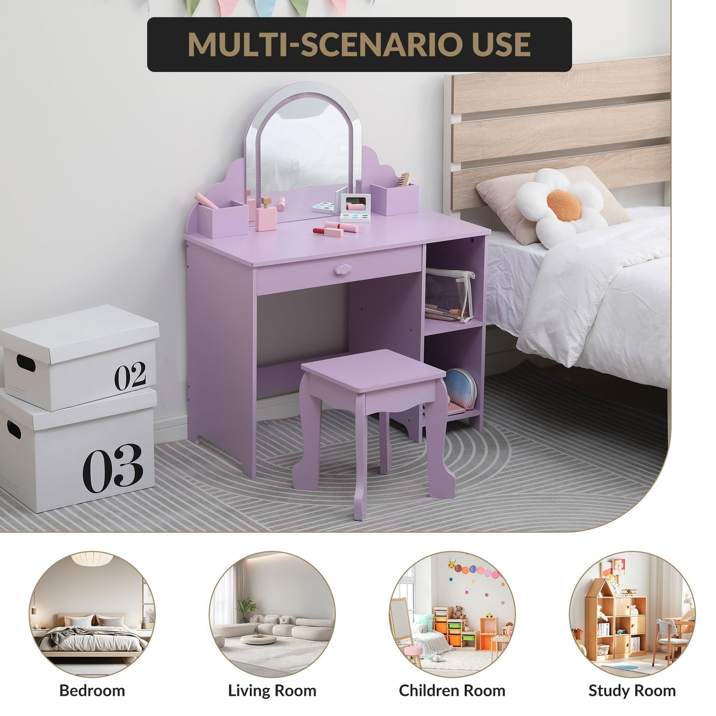 IDEALHOUSE Kids Vanity Table Set with Lighted Mirror & Stool, Makeup Desk with Drawer, Open Storage Shelves, Cubbies & Makeup Playset, Wooden Princess Dressing Table for Little Girls, Purple