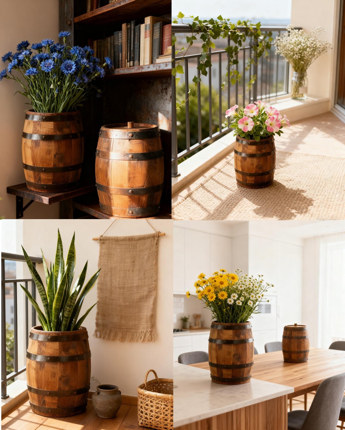 Wood Wine Barrel Vase 6" x 5" – Mini Barrel Rustic Wooden Flower Vase Planter for Wedding Reception, Party Table Decoration,Home Indoor Outdoor Garden, Kitchen,Planting-2pcs (2)