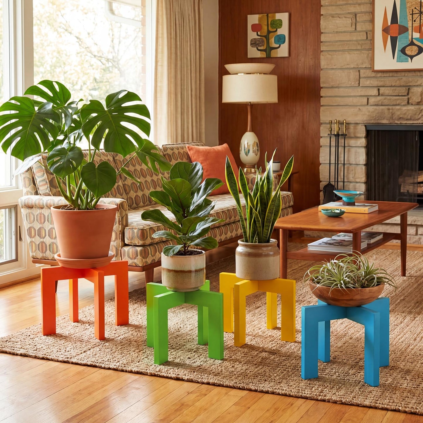 Amyhill 4 Pcs Wood Plant Stand Indoor Large Mid Century Modern Planter Stand Stable Sturdy Plant Holder Rustic Wooden Single Flower Stool Pot Holder Fit 5-15 Inch Pot for Indoor Lawn Garden Patio