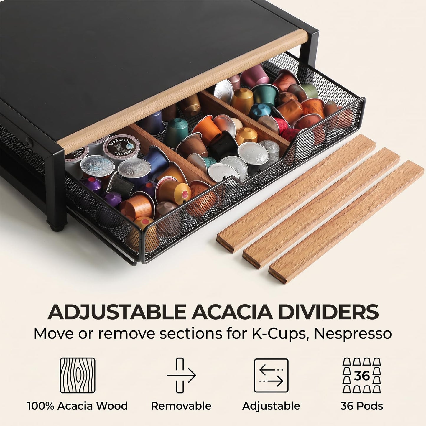 WILDMOS Coffee Pod Drawer,Coffee Station Organizer for Coffee Pod Storage,Movable Solid Wood Partition Board, Counter Coffee Bar Accessories for Nespresso Pods,Cream, Spoon, Sugar（Black)