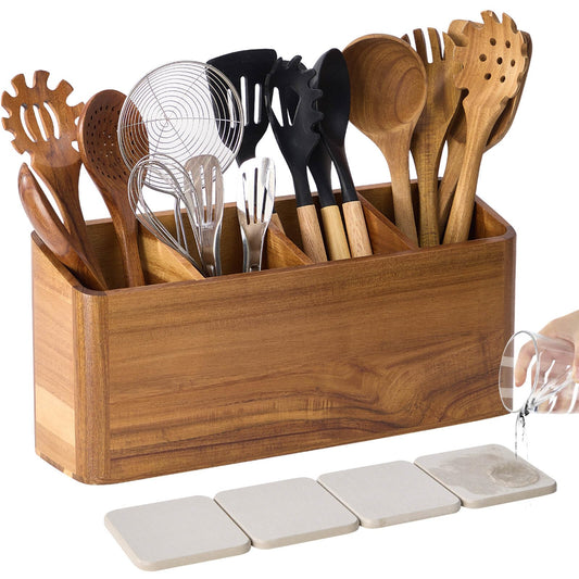 LOHONER Wooden Utensil Holder for Kitchen Counter, Acacia Wood Kitchen Utensil Holder for Countertop with 4 Compartment, Cooking Utensil Organizer, Silverware Caddy (Acacia Wood, 4Compartment)