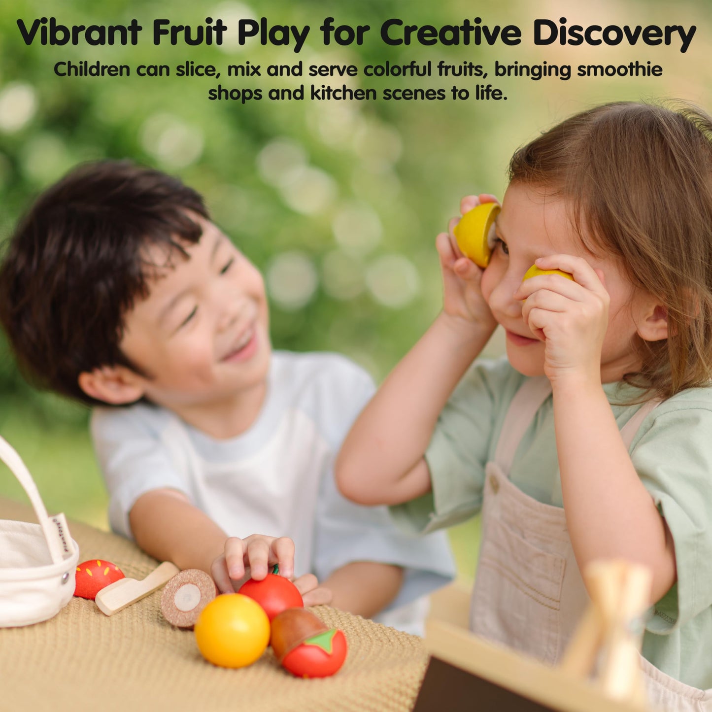 PlanToys® Wooden Berry & Citrus Basket | Montessori Pretend Play Fruit Set for Cutting, Mixing & Serving | Fine Motor Skills, Social Interaction & Eco Friendly Play Food Toy