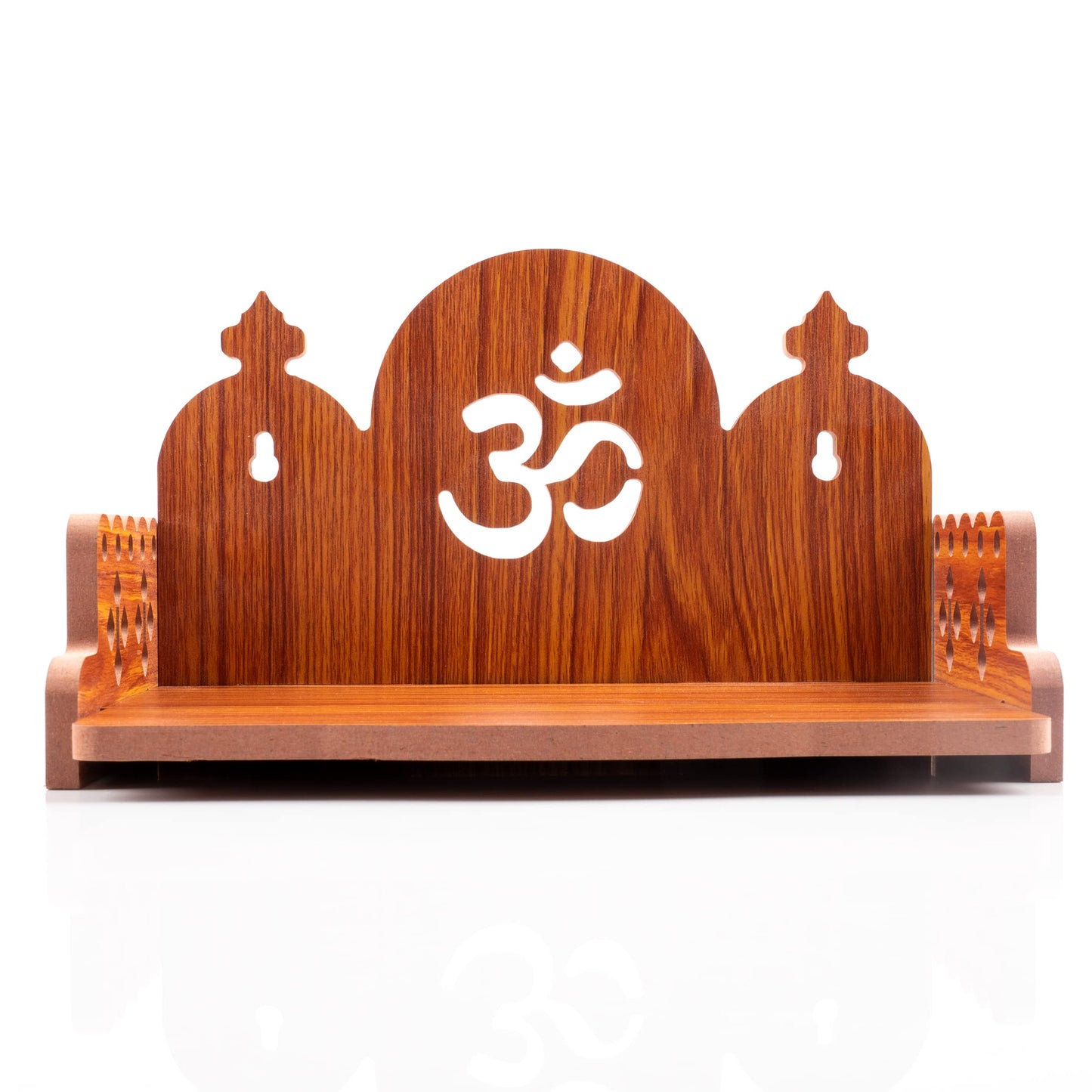 Tarini Gallery Wooden Wall Mounted Hanging Table top Temple Pooja Mandir God Stand Shelf for Storage and Idols Decoration for Home Office and Gifting (Brown- Om Design2)