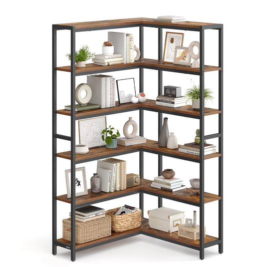 VASAGLE 6 Tier Bookshelf with Metal Frame, Convertible Industrial Corner Shelf, 9.4 x 52.8 x 69 Inches, for Living Room, Bedroom, Home Office, Rustic Brown and Ink Black ULLS806K01