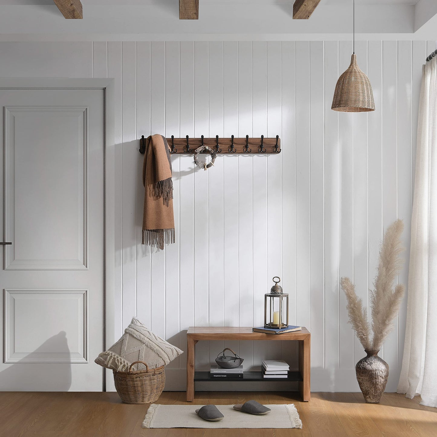 SKOLOO Rustic Large Wall Mounted Coat Rack-38.6'' Long Coat Rack for Wall, Pine Solid Wood Coat Rack Hook, Farmhouse Coat Hanger Wall Mount for Hanging Jacket Coat Hat, Pack of 2