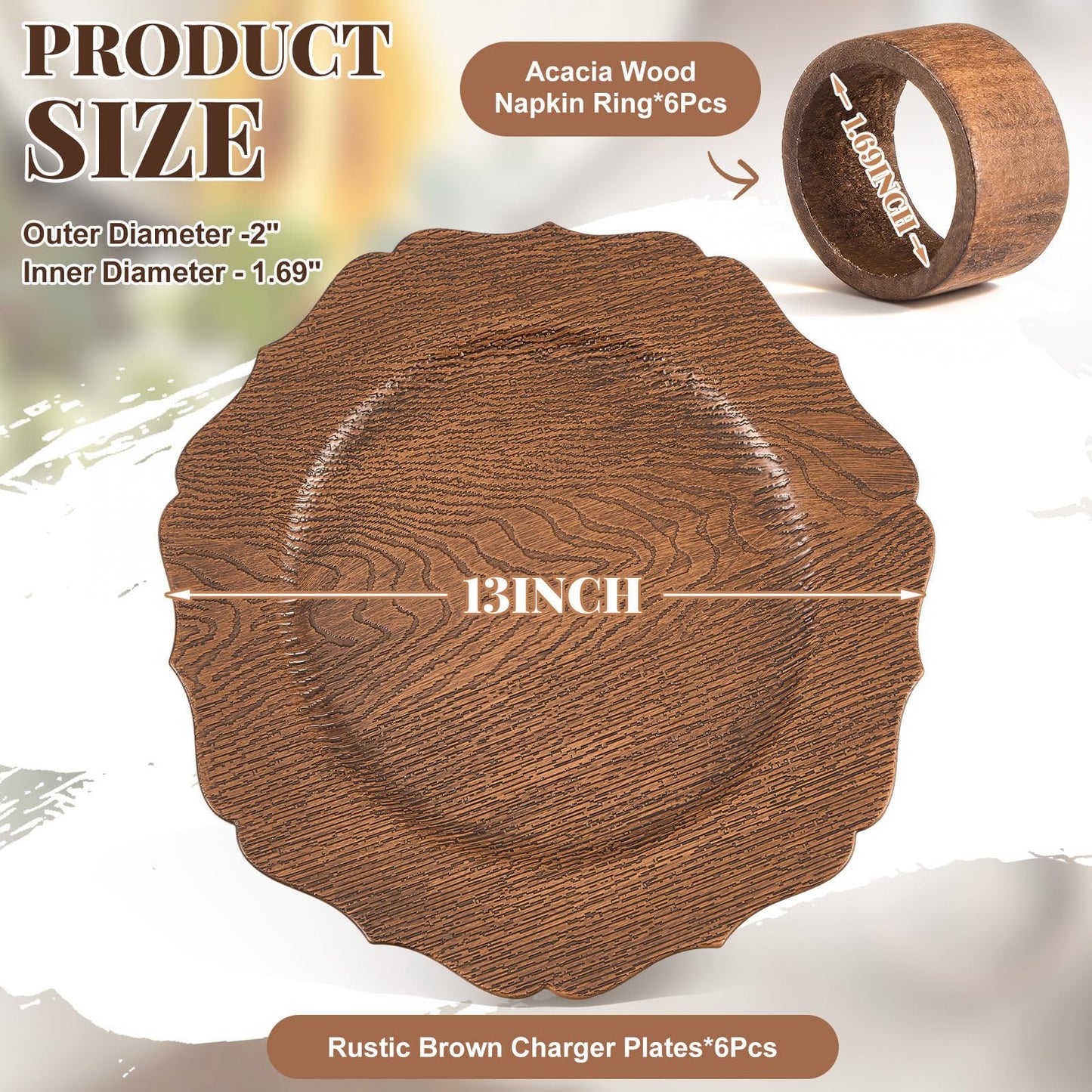 Havawish 6 Set 13" Rustic Brown Wooden Textured Acrylic Charger Plates with Handmade Acacia Wood Napkin Ring, Farmhouse Round Charger with Scalloped Rim for Dining Weddings Party Table Decor