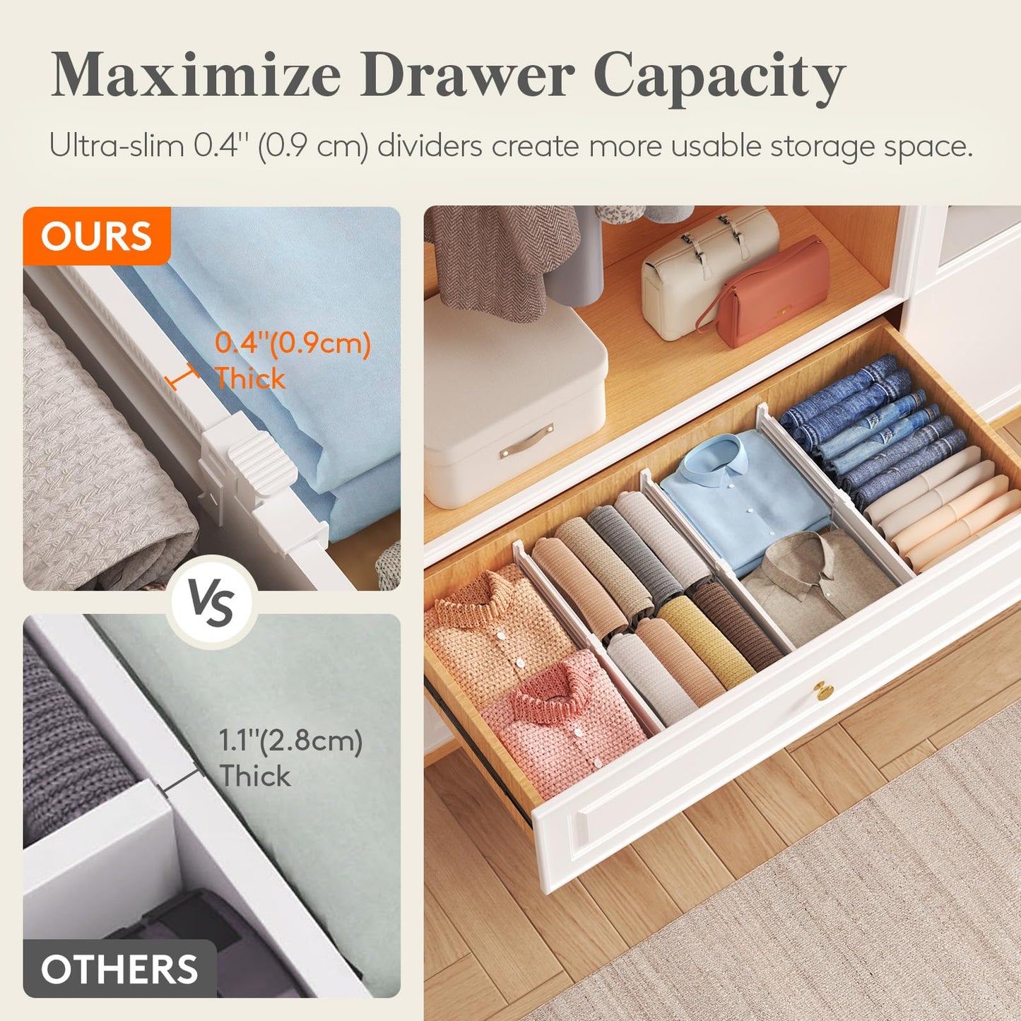 Lifewit 4 Pack 5" High Drawer Dividers for Clothes, 11.5"-18.5" Expandable Dresser Drawer Organizers, Adjustable White Plastic Separators for Kitchen, Cabinet, Nursery, Socks & Underwear Storage