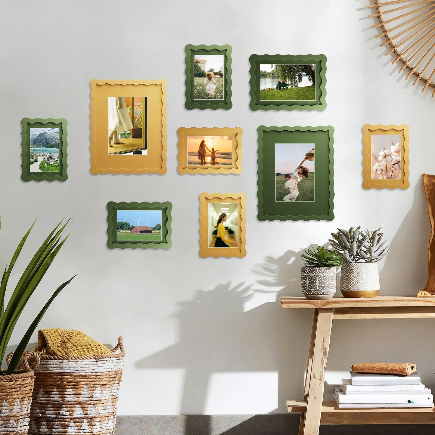 THKRLOF 8x10 Picture Frame with Mat for 5x7, Wavy Edge Wooden Real Glass Photo Frame for Tabletop and Wall Hanging, Green, 1 Pack