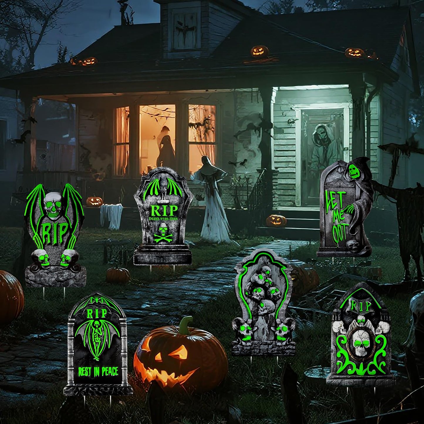 Larber 6pcs Glow in The Dark Tombstones with Stakes Large Halloween Tombstones Yard Signs Decor Waterproof RIP Headstones for Graveyard Halloween Lawn Garden Outdoor Indoor Decoration