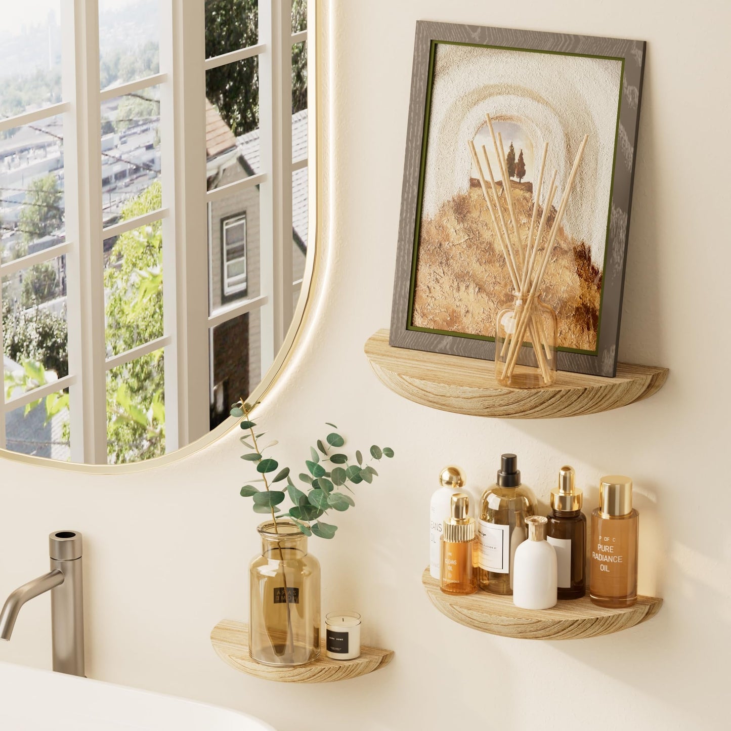 QsQueen Solid Wood Half Round Floating Wall Shelves | Elegant Floating Shelves, Elevate Your Space. Perfect for Living Rooms, Bathrooms, Bedrooms, Offices, Children's Rooms Light Brown