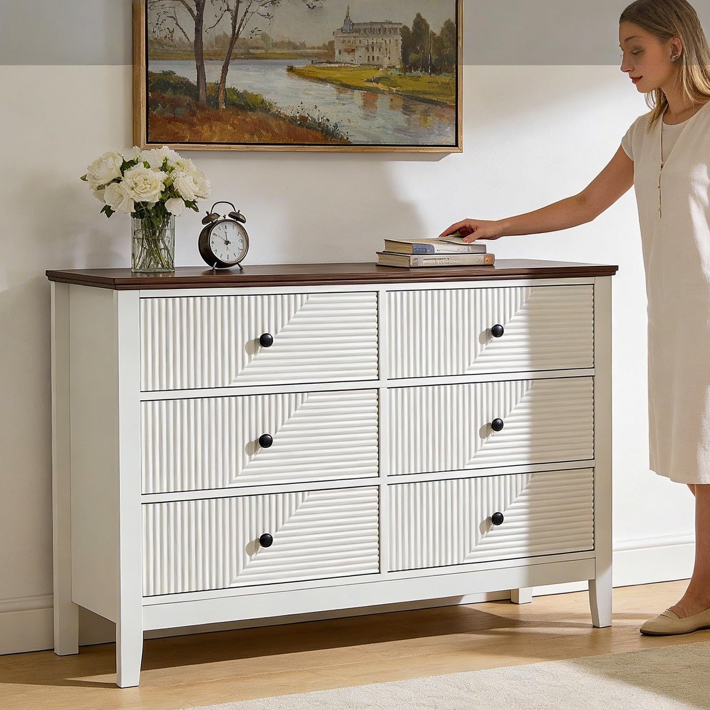 ZOOIQ White 6 Drawer Dresser for Bedroom, 47 Inch Wide Diagonal Grain Grooved Wooden, Brown Panel, Modern TV Stand Storage Cabinet, Suitable for Foyer and Aisle