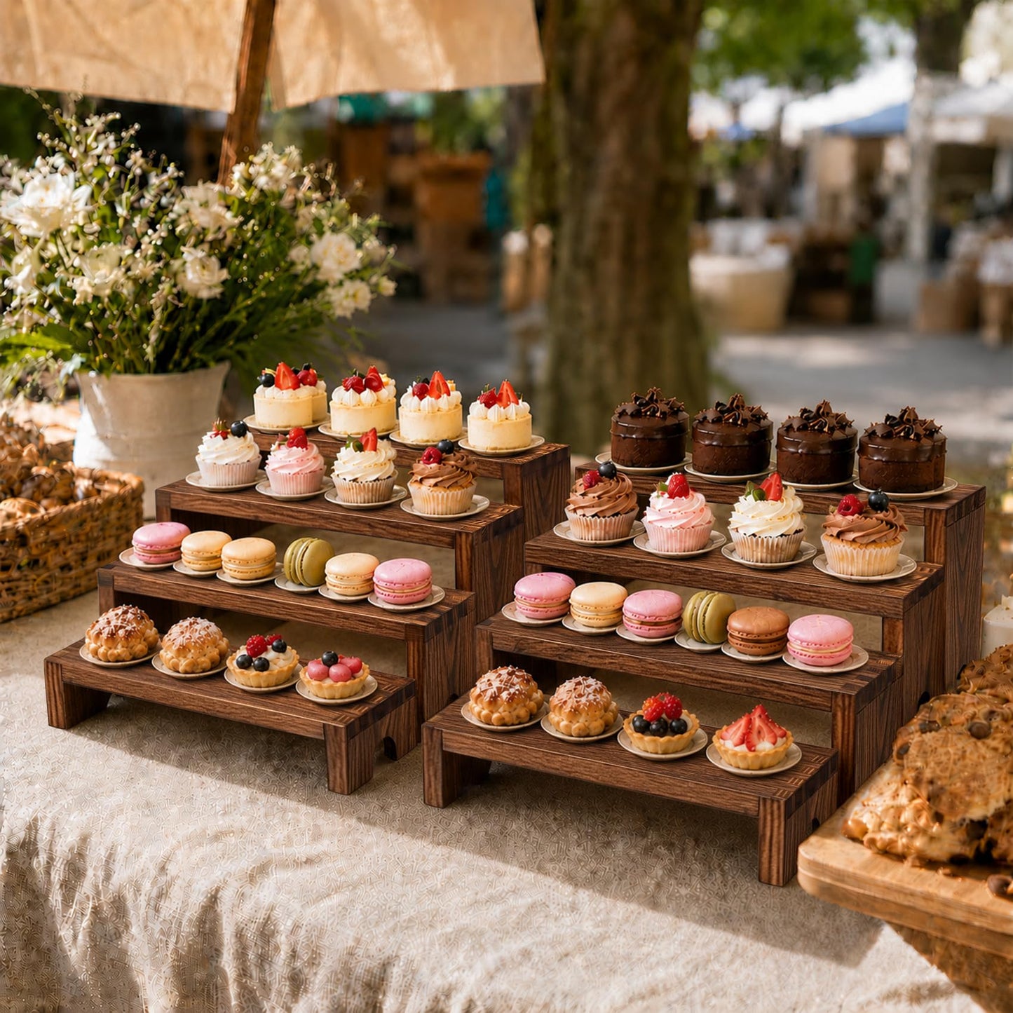 ABenkle 8 Pieces Wooden Tiered Risers Display Stands, Dessert Table Display Food Risers for Vendor Events, Stackable Wood Buffet Risers, Farmhouse Dessert Risers for Desktop Party Catering Cupcake