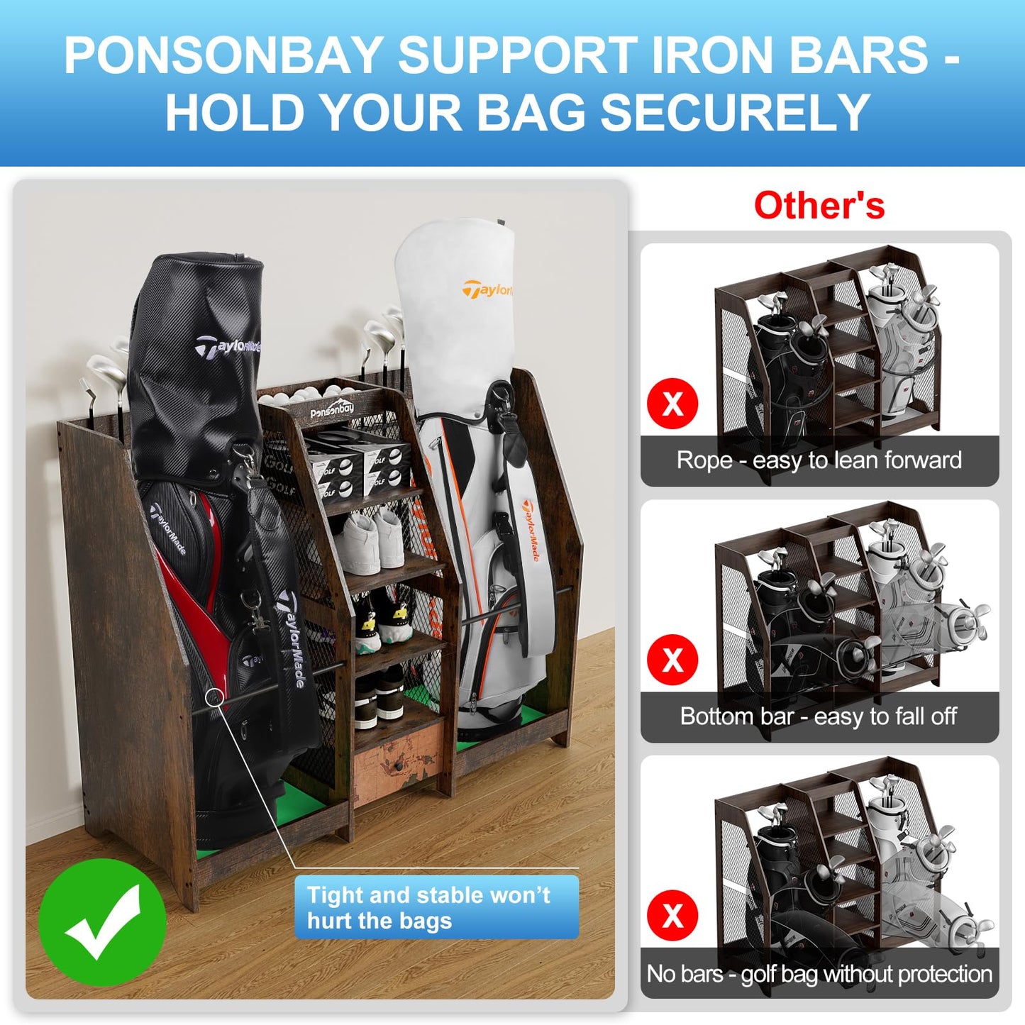 Ponsonbay Golf Bag Storage Organizer for Garage, Premium Wooden 2 Golf Bags Rack with Drawer, Easy Assemble Golf Club Stand/Holder Suitable for Garage Home Simulator and Office (Retro)