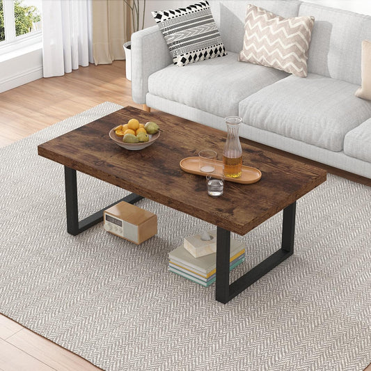 IBF Rustic Coffee Table, Industrial Simple Wooden Living Room Table, Modern Minimalist Farmhouse Rectangle Center Table, Wood and Metal Vintage Tea Coffee Table for Home Bedroom, Rustic Brown, 39 Inch