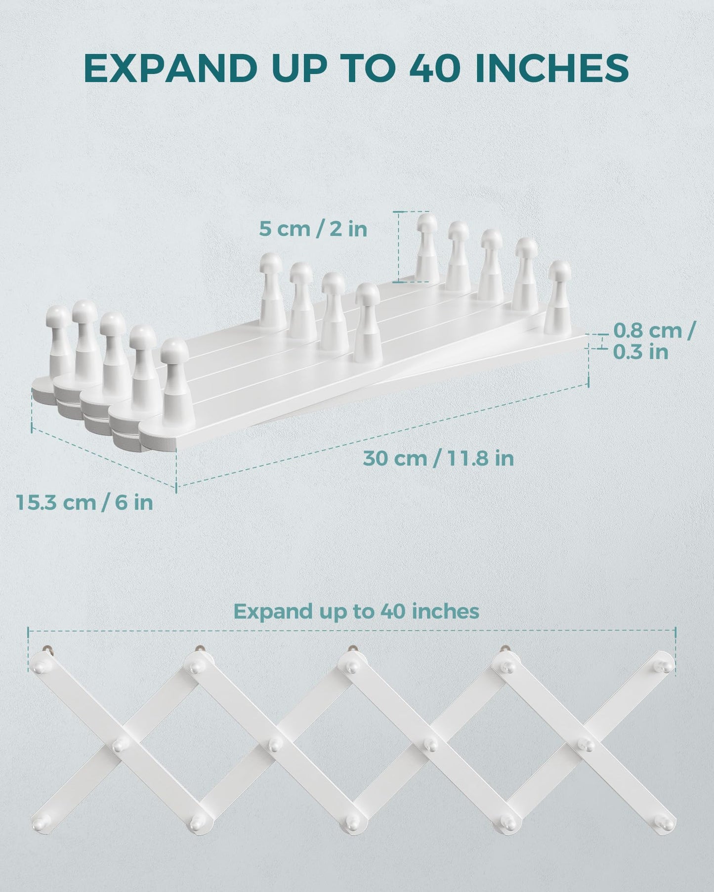 OROPY Accordion Wall Hanger with 14 Pegs, Expandable Wooden Coat & Hat Rack