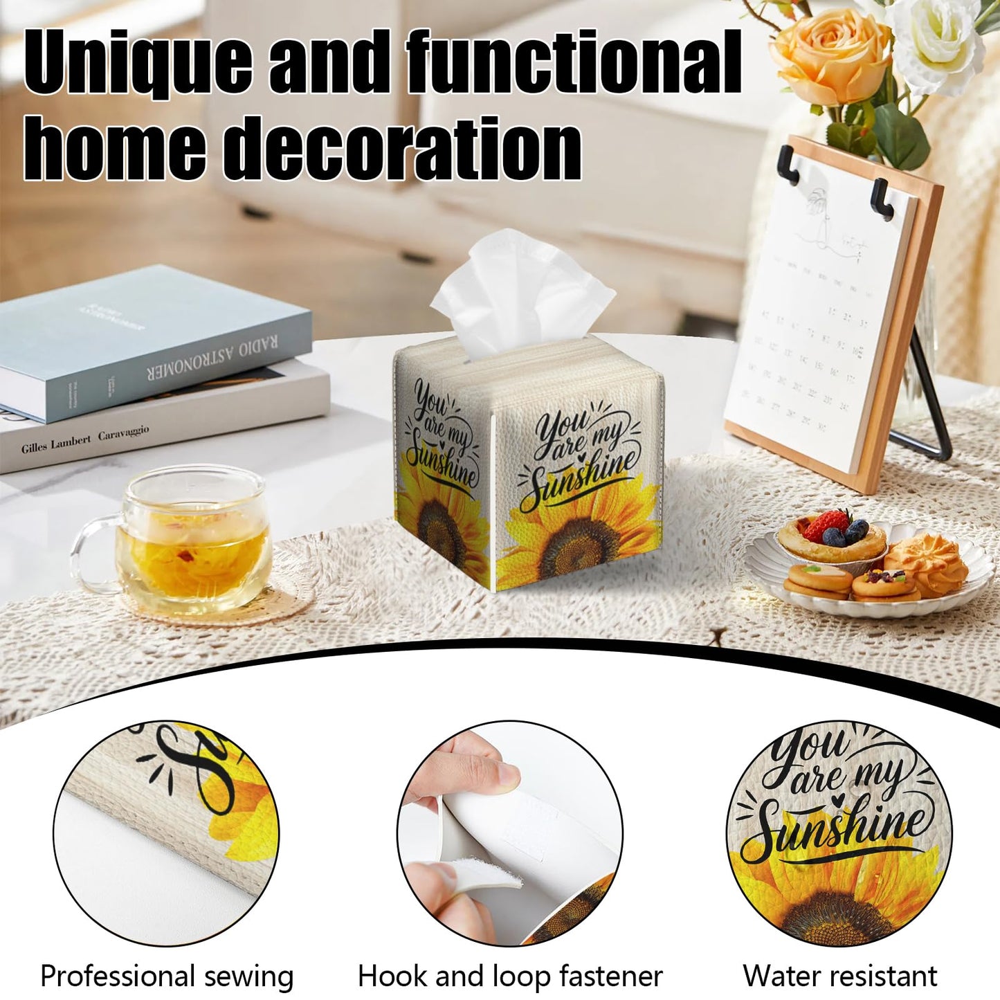 2 Pack Sunflower Sunshine Tissue Box Cover Square Wooden Board Texture PU Leather Tissue Box Holder Waterproof Facial Paper Organizer Dispenser for Bathroom Kitchen Home Office Car