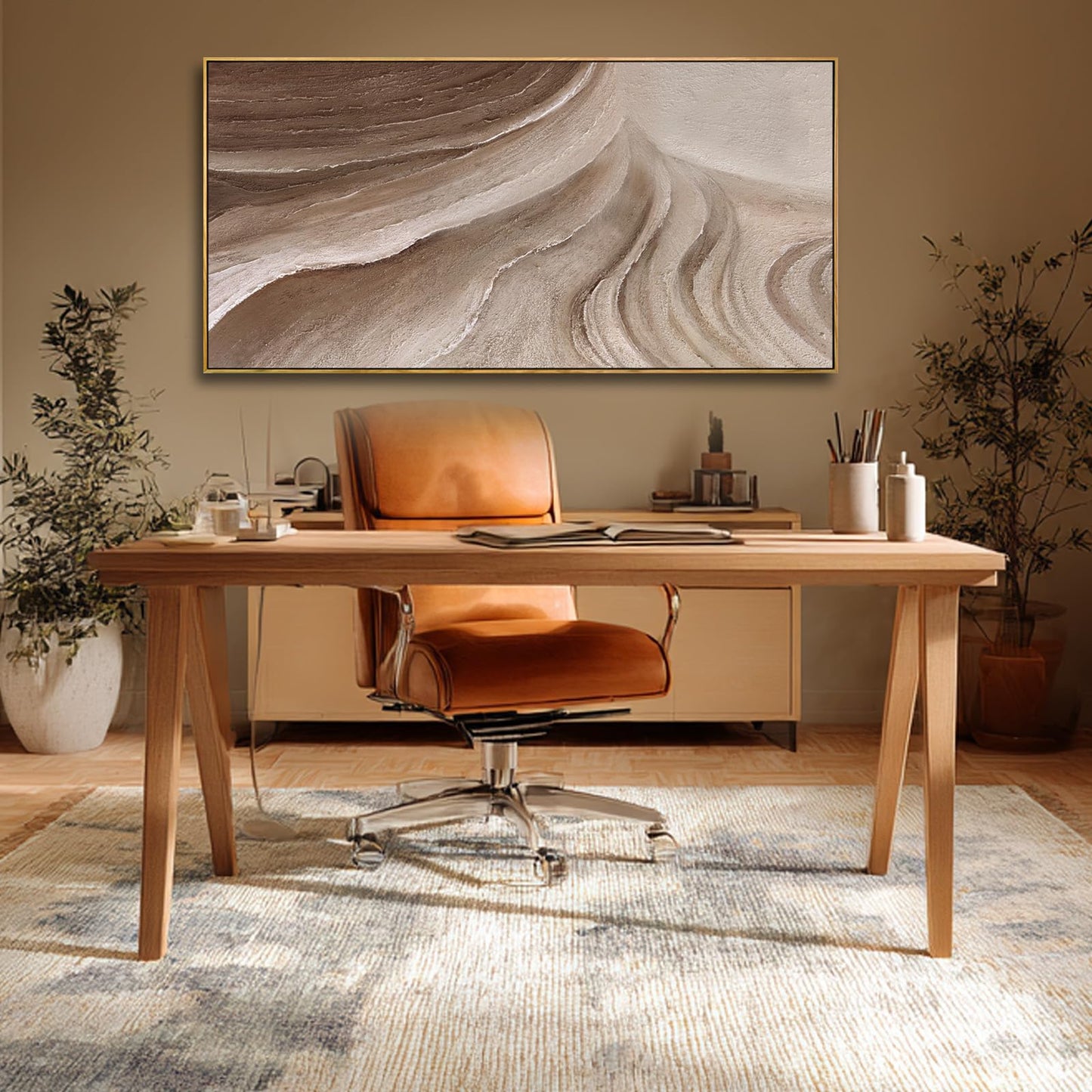 MLART99 Abstract Canvas Wall Art Earth Tone Flowing Texture Design Modern Wall Decor Brown Beige Landscape Artwork Wood Frame Home Decor for Living Room Bedroom Office 24x48 Inch