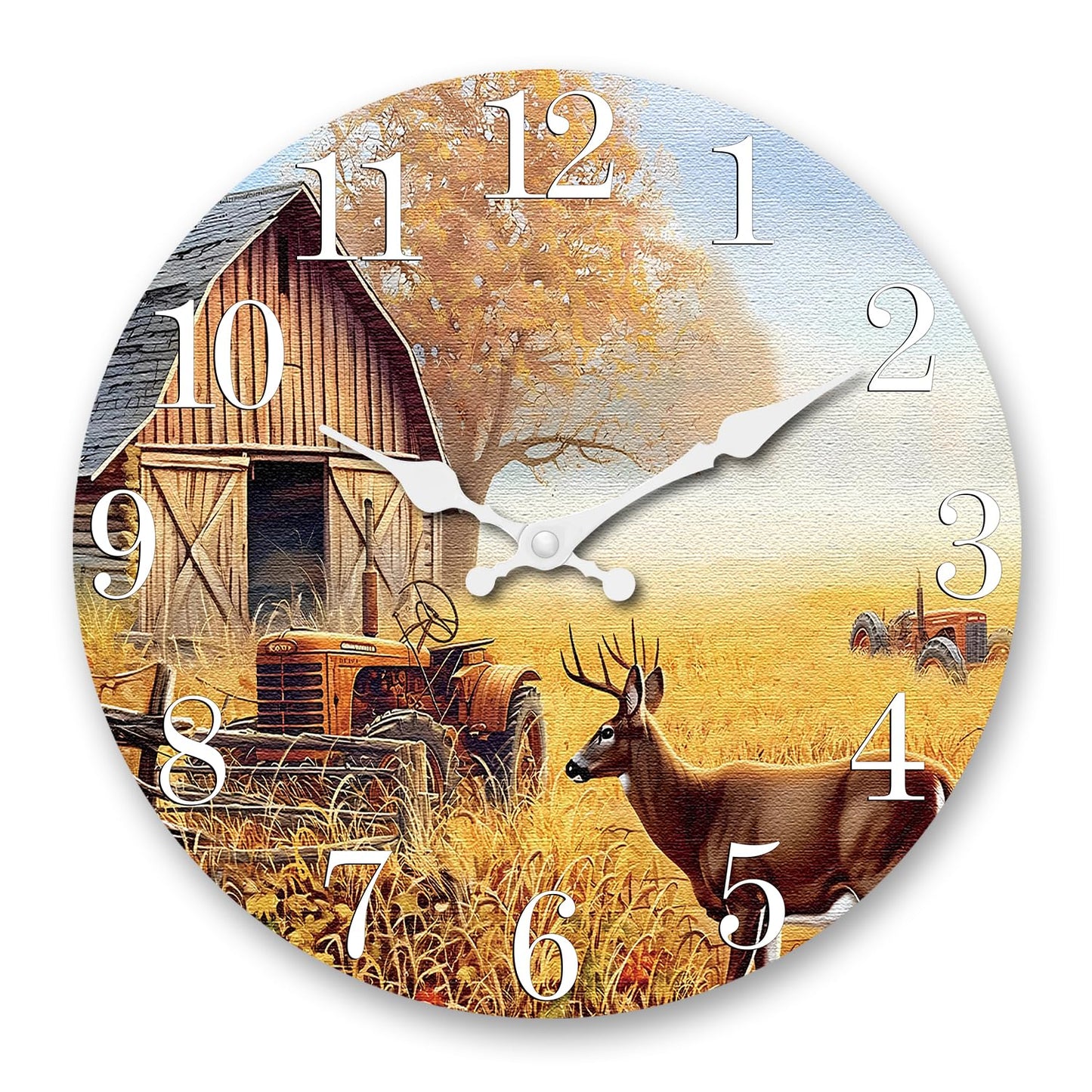 XNM Rustic Wooden Decorative Wall Clocks Battery Operated 16 Inch Farmhouse Natural Landscape Wall Clock for Living Room Farm Deer Silent Wall Clock Non Ticking