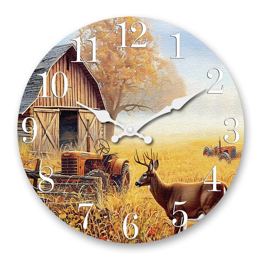 XNM Rustic Wooden Decorative Wall Clocks Battery Operated 16 Inch Farmhouse Natural Landscape Wall Clock for Living Room Farm Deer Silent Wall Clock Non Ticking