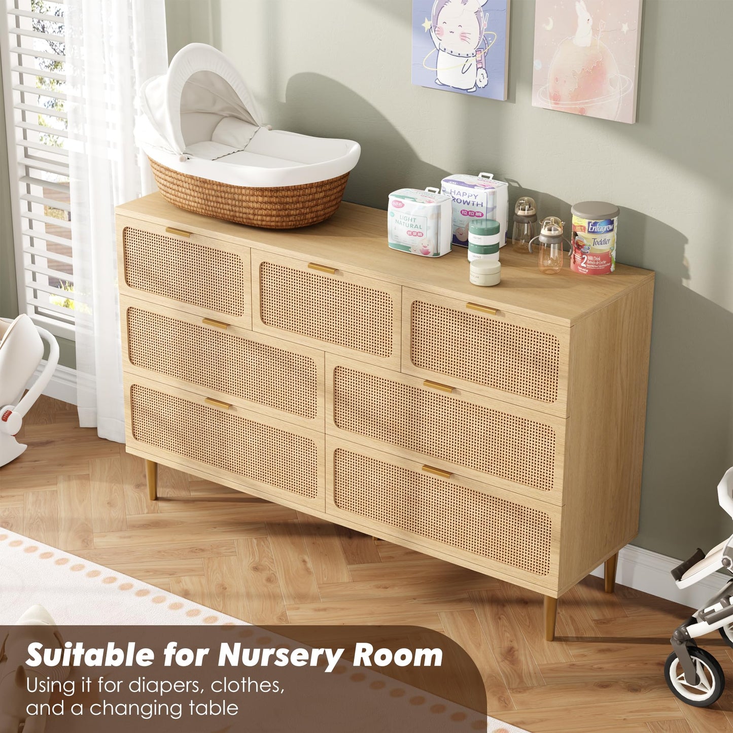 GarveeHome Rattan 7 Drawer Dressers for Bedroom, Tall Dresser with Deep Drawers, Large Chest of Drawers for Closet with Wide Top, Long Wooden Dresser for Living Room, Hallway, Kids Room, Natural