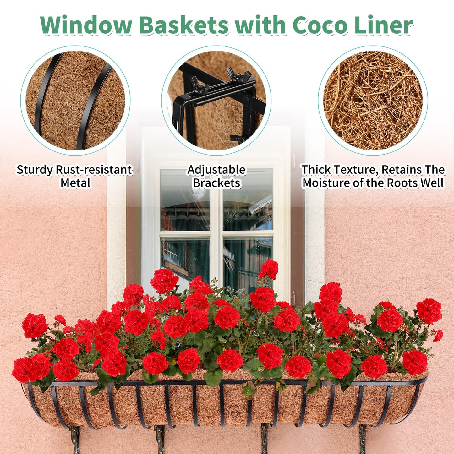 Tessco for you 4 Pack 48 Inch Window Baskets with Coconut Liner 4 Adjustable Flower Brackets Window Deck Planters Boxes Railing Planter Metal Hanging Flower Planter for Indoor Outdoor Lawn