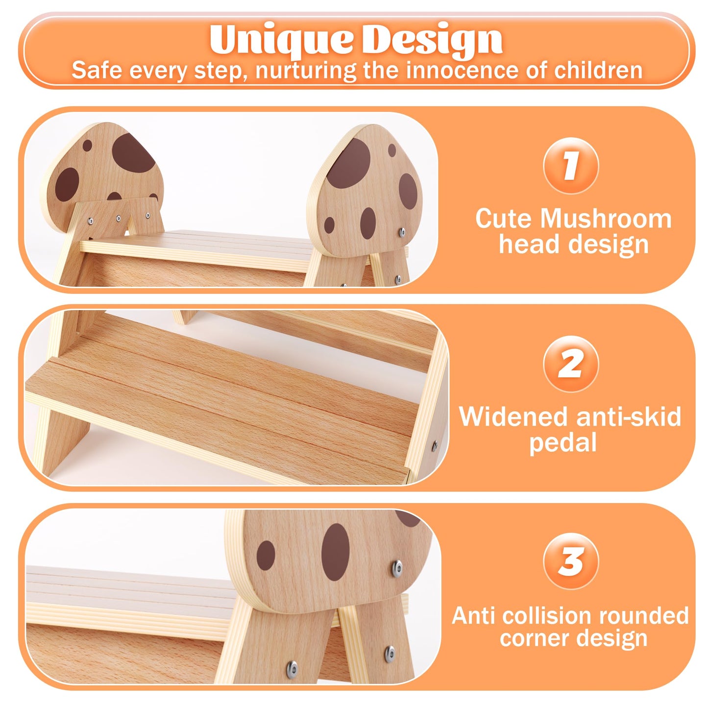 Novarieth Beech Wooden Toddler Step Stool, 2-Step Foldable Stool for Kids with Non-Slip Surface, Baby Bathroom Stool for Potty Training, Bathroom Sink, Kitchen Counter with Cute Mushroom Design