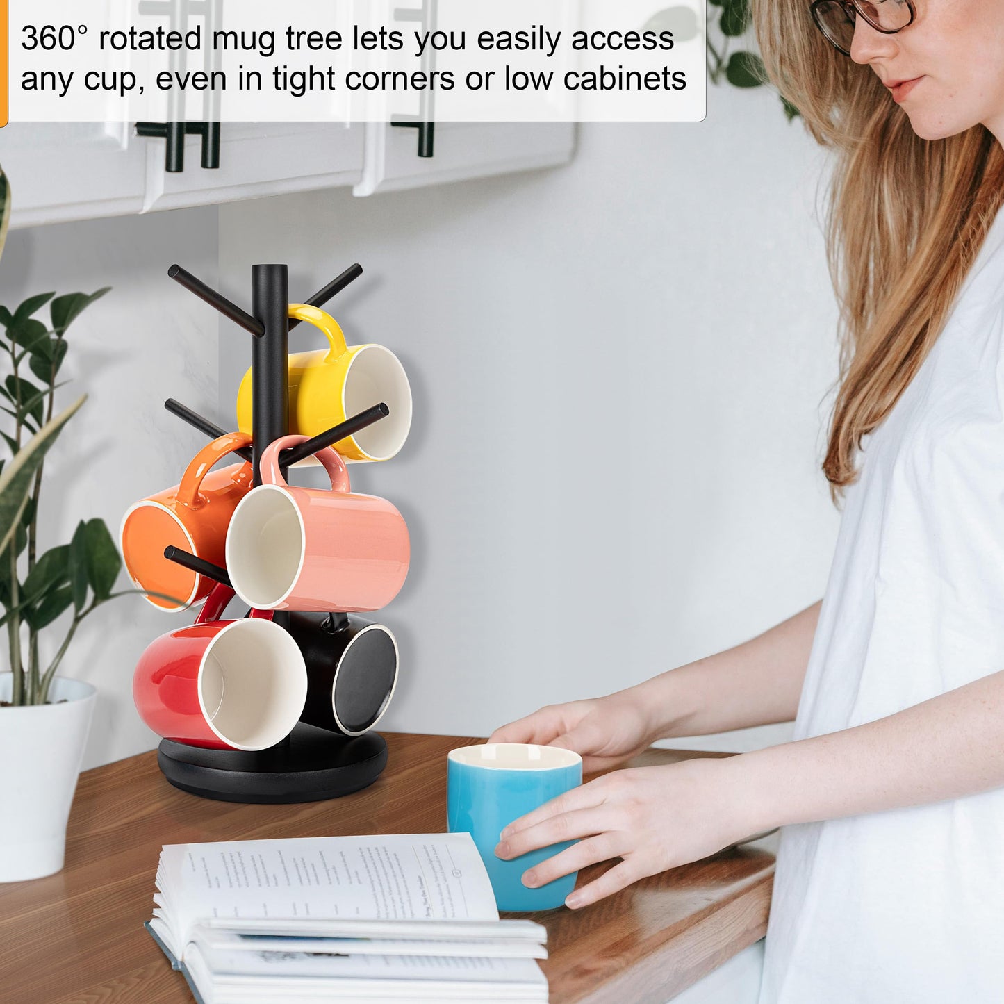MyLifeUNIT Mug Holder Tree, 360° Rotated Coffee Cup Holder with 6 Hooks, Wooden Coffee Mug Holder Organizer for Counter Top, Coffee Bar Accessories (Black)
