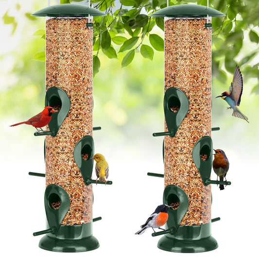 FEED GARDEN Metal Bird Feeder - 6 Port Tube Feeder for Outdoors, Heavy Duty Squirrel Proof with Metal Lid, Easy Fill & Clean, Weather Resistant, 13 Inch 2 Pack