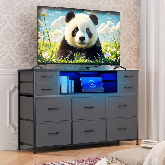GarveeHome Dresser for Bedroom with 10 Fabric Drawers, TV Stand with LED Light & Charging Station for 45, 50, 55 Inch TV, Sturdy Long Chest of Drawers with Open Shelf & Wooden Top, Grey