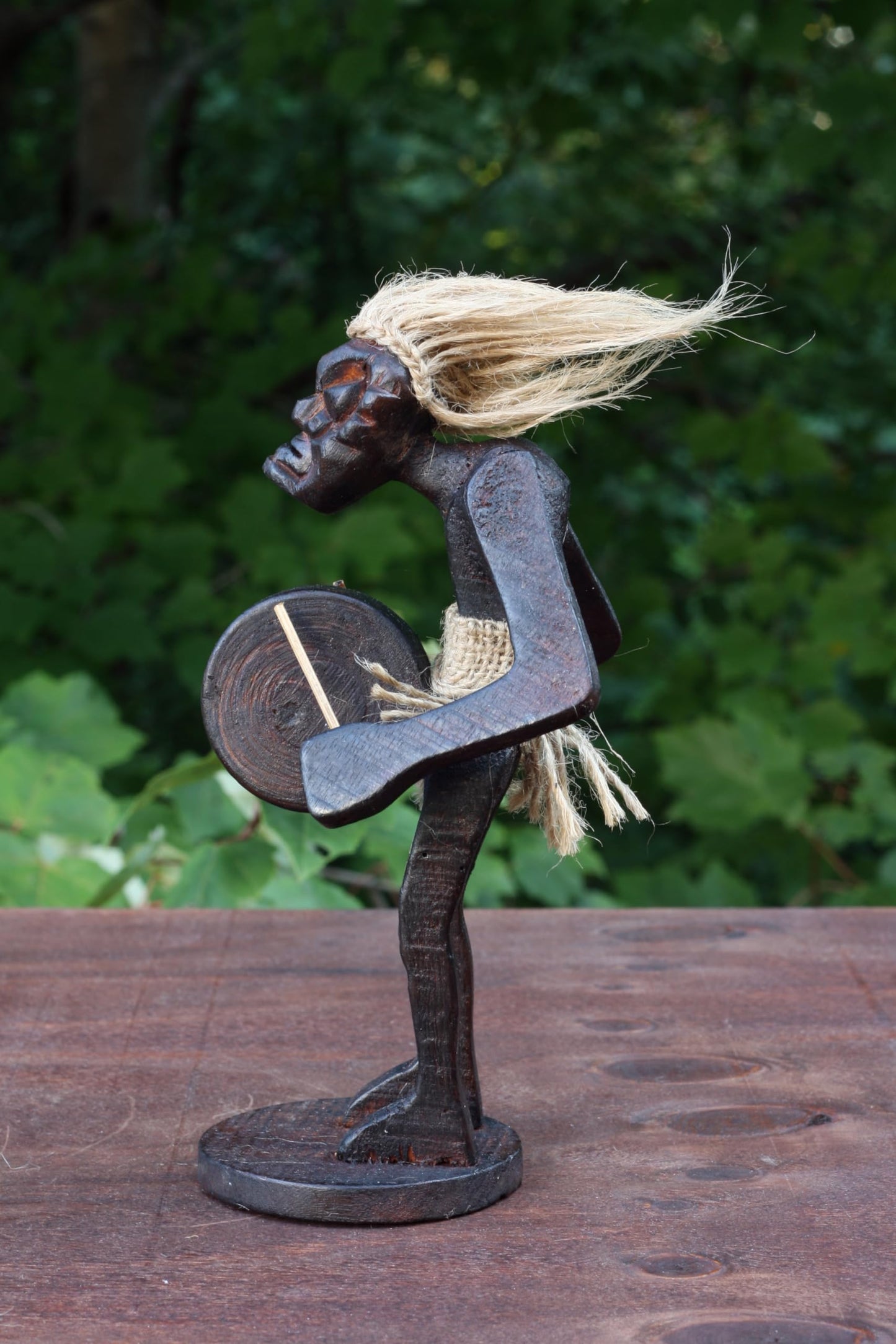 G6 Collection Wooden Handmade Primitive Tribal Statue - Hand Carved Teak Wood Tiki Playing a Bass Drum Musician Funny Sculpture - Unique Art Gift - Tropical Home Decor Accent Shelf - 8.5 inch