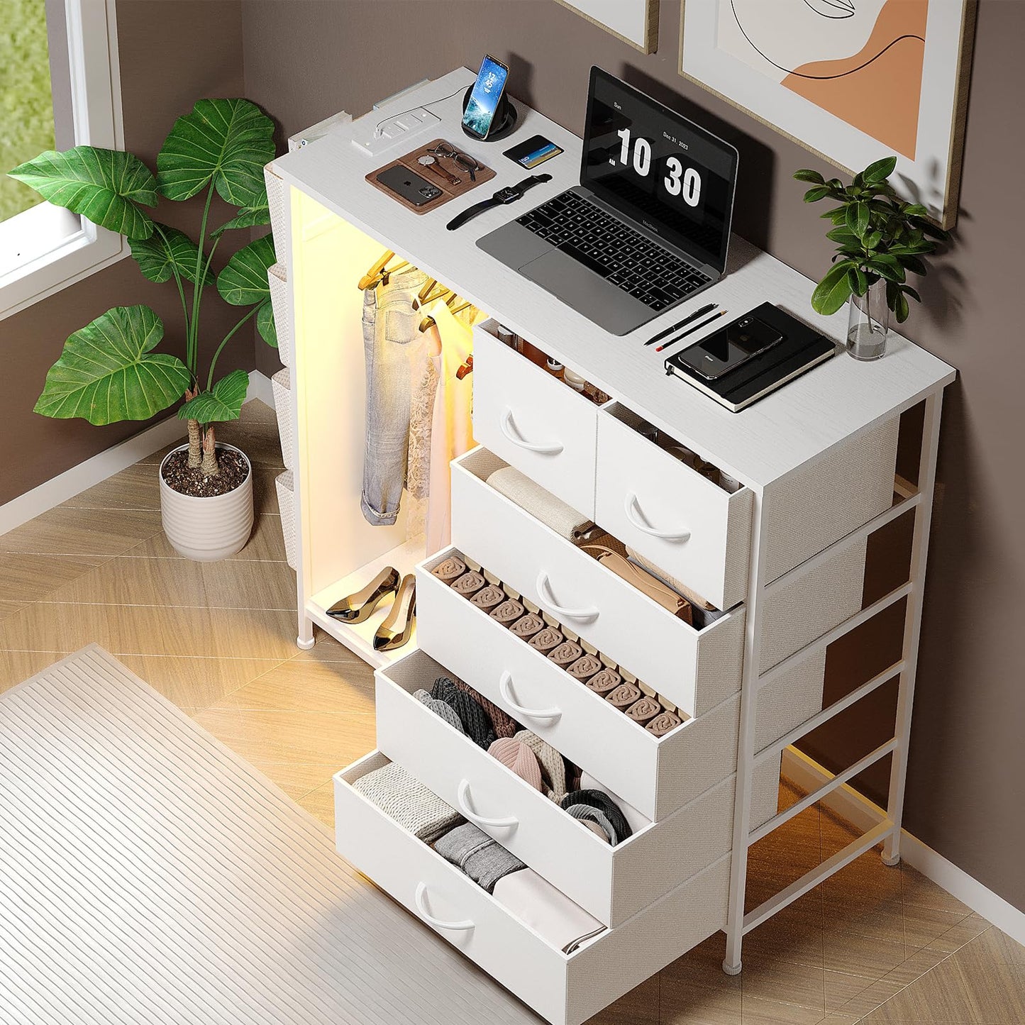 WODRAWER 6 Drawer Dresser for Bedroom with Clothes Rack, Clothes Dresser with Side Pockets and Hooks, Charging Station & LED Lights, Wooden Top, Fabric Storage (White)