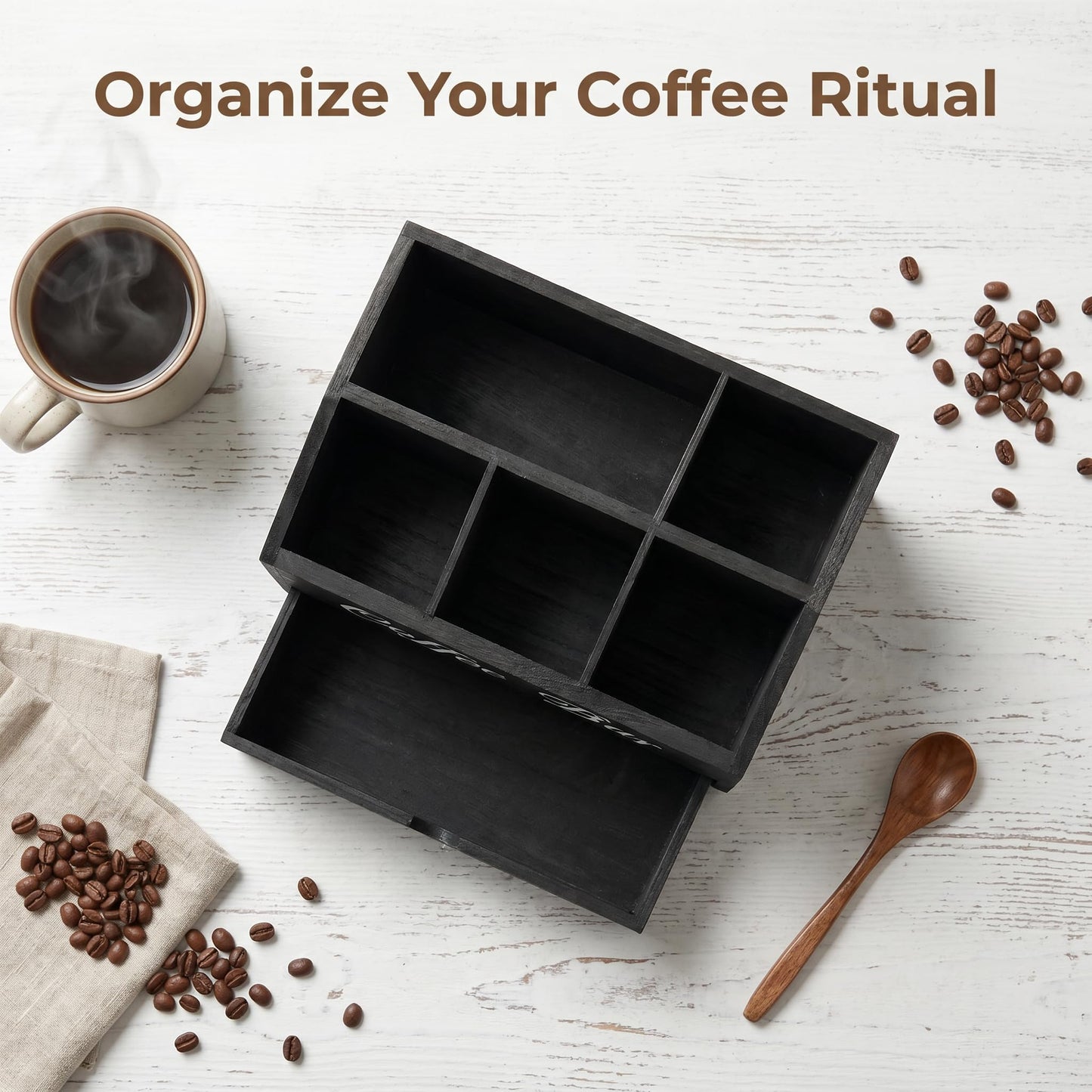 SHAXIXI Coffee Station Organizer - Double Layer with Drawers, Country Style Coffee Bar Organizer, Farmhouse Coffee Capsule Storage Basket, Natural Solid Wood Material(Black Double Layer)