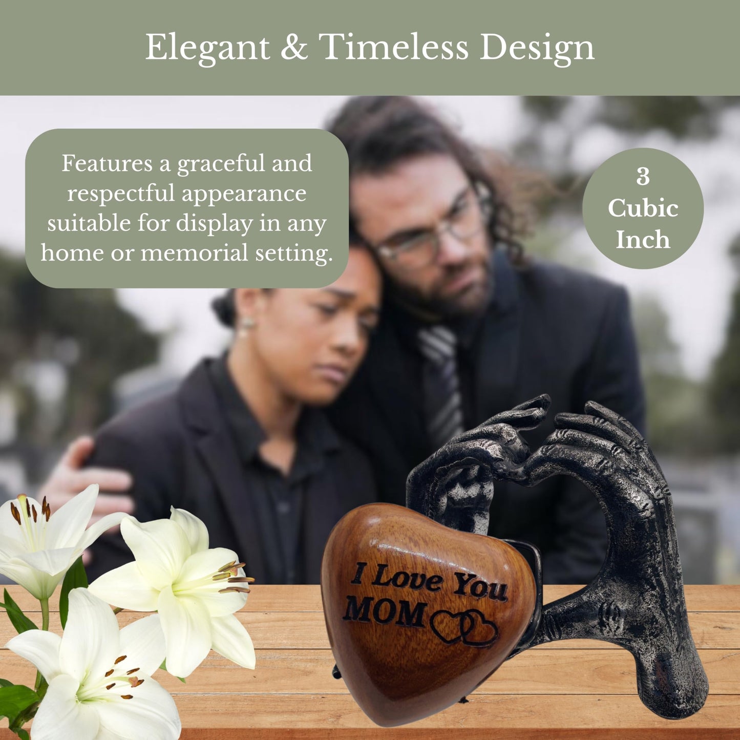 Wooden Heart Keepsake MOM Urn with Premium Display Hand Stand Engraved with I Love You MOM