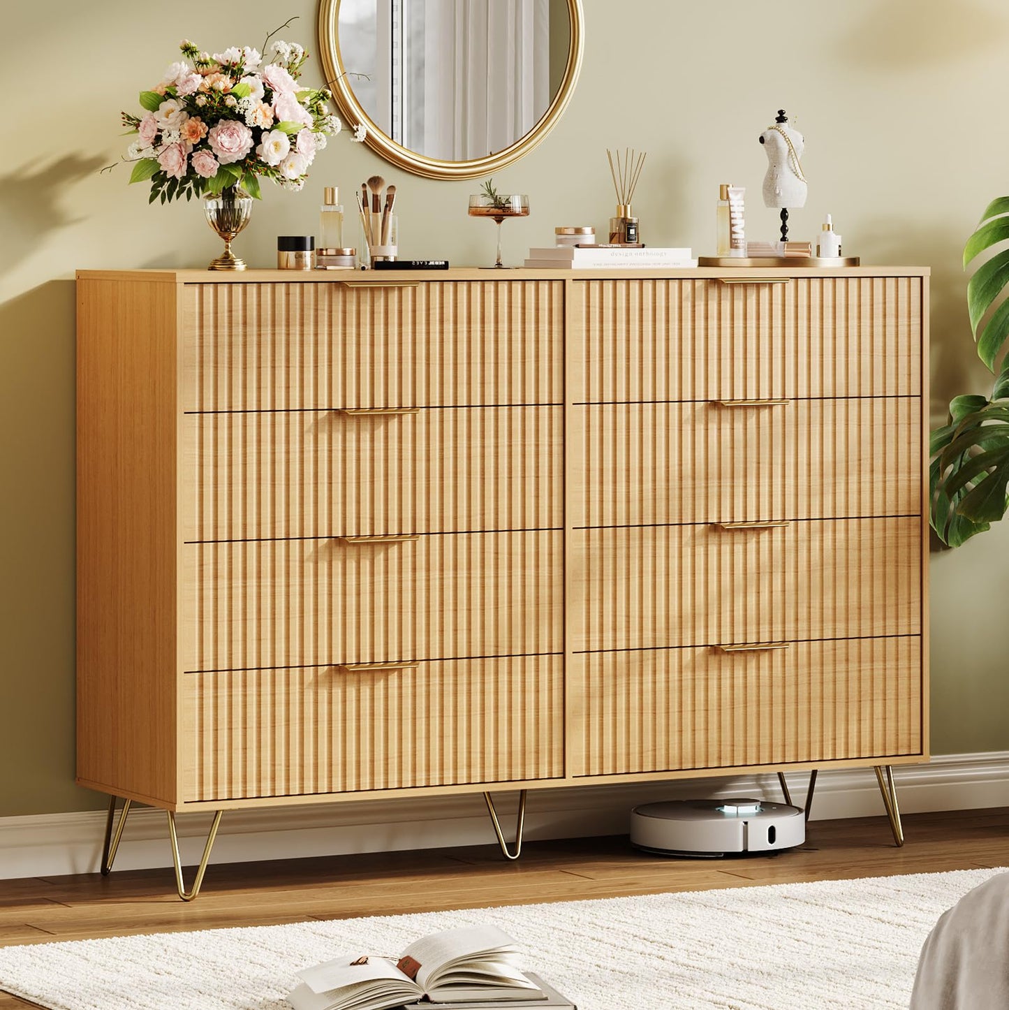 GarveeHome Fluted Dresser for Bedroom with 8 Drawers,55" Wide Modern Chest of Wooden Bedroom Chest with Metal Handle,Clothes Storage Organizer,Dresser & TV Stand for Living Room,Nutural