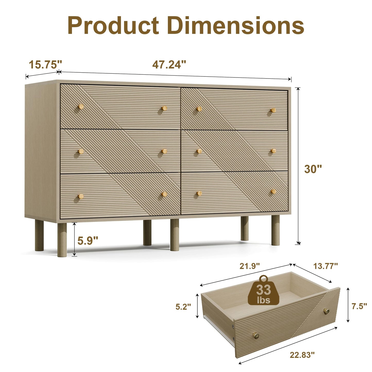 TRUNBACK Storage Drawers, 6 Drawer Dresser with Handles, 48" Wide Modern Wood Dresser Storage Cabinet Storage Chest for Living Room, Entryway, Hallway